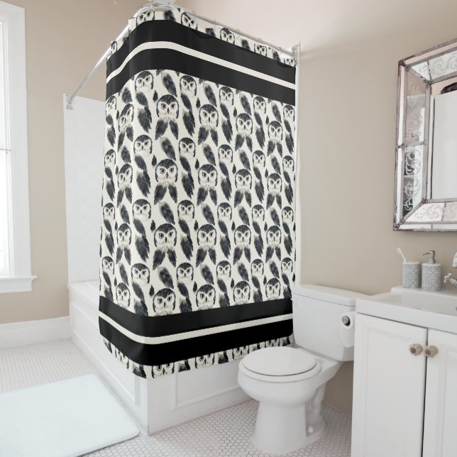 Midnight Watchers – Owls & Feathers in Flight Shower Curtain (In Situ)