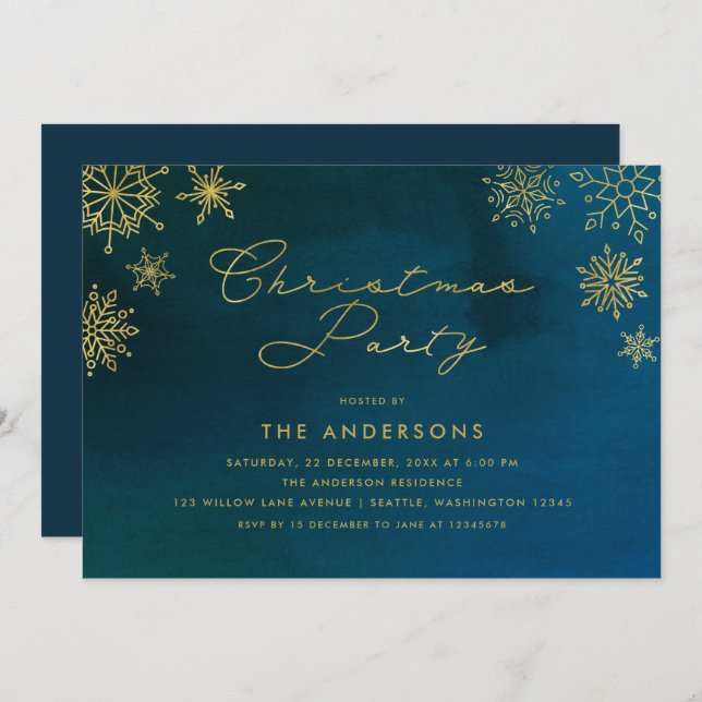 Midnight Watercolor Gold Snowflake Christmas Party Invitation (Front/Back)