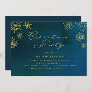 Midnight Watercolor Gold Snowflake Christmas Party Invitation