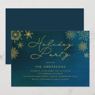Midnight Watercolor Gold Snowflake Holiday Party Invitation