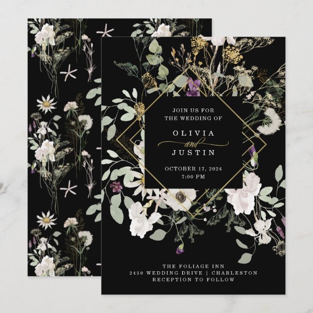 Midnight Wildflowers | Black Geometric Wedding Invitation (Front/Back)