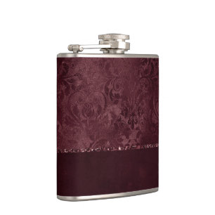 Midnight Wine Romance   Dark Satiny Grunge Damask Hip Flask