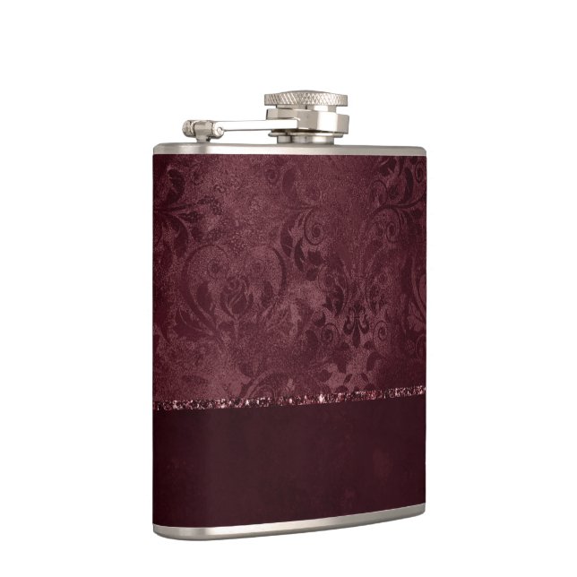 Midnight Wine Romance | Dark Satiny Grunge Damask Hip Flask (Right)
