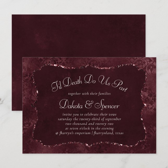 Midnight Wine Romance | Dark Satiny Grunge Damask Invitation (Front/Back)