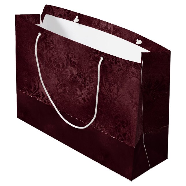 Midnight Wine Romance | Dark Satiny Grunge Damask Large Gift Bag (Back Angled)