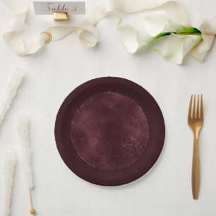 Midnight Wine Romance Dark Satiny Grunge Damask Paper Plate