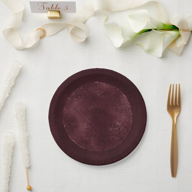 Midnight Wine Romance | Dark Satiny Grunge Damask Paper Plate (Wedding)