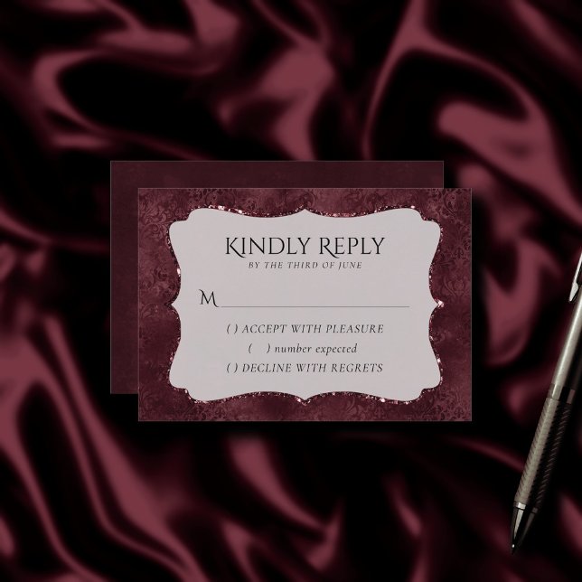 Midnight Wine Romance | Dark Satiny Grunge Damask RSVP Card (Creator Uploaded)