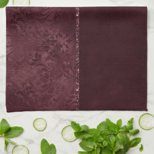 Midnight Wine Romance   Dark Satiny Grunge Damask Tea Towel