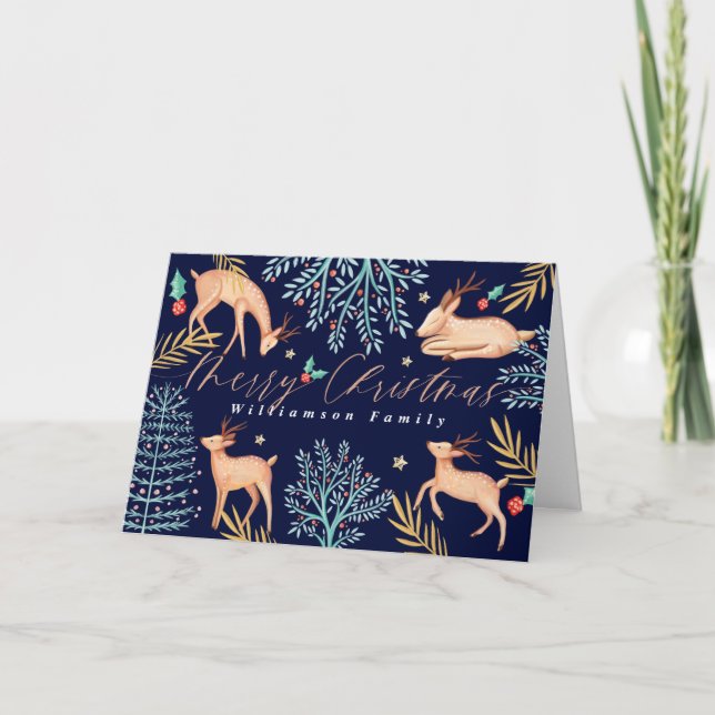 Midnight Woodland Forest Reindeer & Christmas Tree Holiday Card (Front)