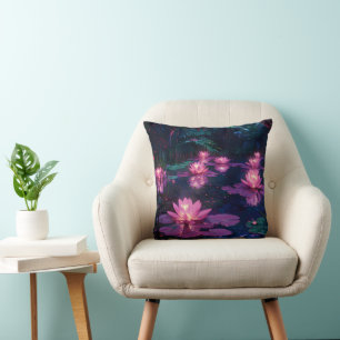 Midnight Zen Nature Pink Lotus Pond Cushion