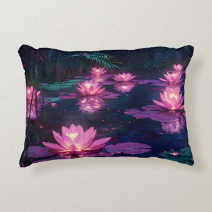Midnight Zen Nature Pink Lotus Pond Decorative Cushion