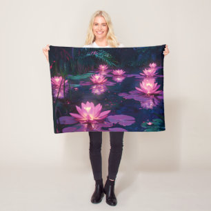 Midnight Zen Nature Pink Lotus Pond Fleece Blanket