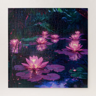 Midnight Zen Nature Pink Lotus Pond Jigsaw Puzzle