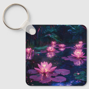 Midnight Zen Nature Pink Lotus Pond Key Ring