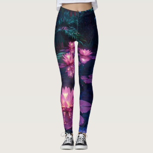 Midnight Zen Nature Pink Lotus Pond Leggings