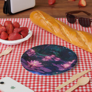 Midnight Zen Nature Pink Lotus Pond Paper Plate