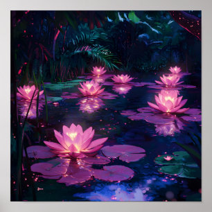 Midnight Zen Nature Pink Lotus Pond Poster