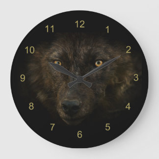 Midnights Gaze - Black Wolf Wild Animal Wildlife Large Clock