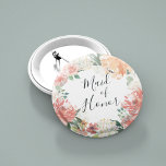 Midsummer Floral Maid of Honour 6 Cm Round Badge<br><div class="desc">Identify the key players at your bridal shower with our elegant,  sweetly chic floral buttons. Button features a watercolor floral wreath of peachy pink peonies,  white hydrangea flowers and botanical greenery with "maid of honour" inscribed inside in hand lettered script.</div>