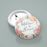 Midsummer Floral Matron of Honour 6 Cm Round Badge<br><div class="desc">Identify the key players at your bridal shower with our elegant,  sweetly chic floral buttons. Button features a watercolor floral wreath of peachy pink peonies,  white hydrangea flowers and botanical greenery with "matron of honour" inscribed inside in hand lettered script.</div>