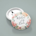 Midsummer Floral Mother of the Bride 6 Cm Round Badge<br><div class="desc">Identify the key players at your bridal shower with our elegant,  sweetly chic floral buttons. Button features a watercolor floral wreath of peachy pink peonies,  white hydrangea flowers and botanical greenery with "mother of the bride" inscribed inside in hand lettered script.</div>