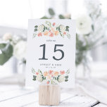 Midsummer Floral Table Number Card<br><div class="desc">Garden chic table number cards feature top and bottom borders of soft painted watercolor rose and peony flowers in shades of blush pink, peach, cream and sage green, framing your table number, event date and additional custom text. Design repeats on reverse side. Coordinates with our Midsummer elegant floral wedding invitation...</div>