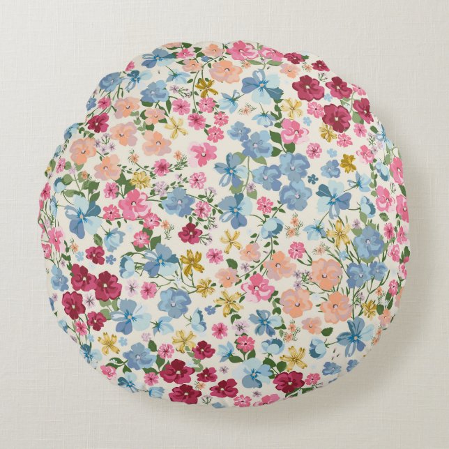 Midsummer meadow, blooming plant pattern. round cushion (Front)