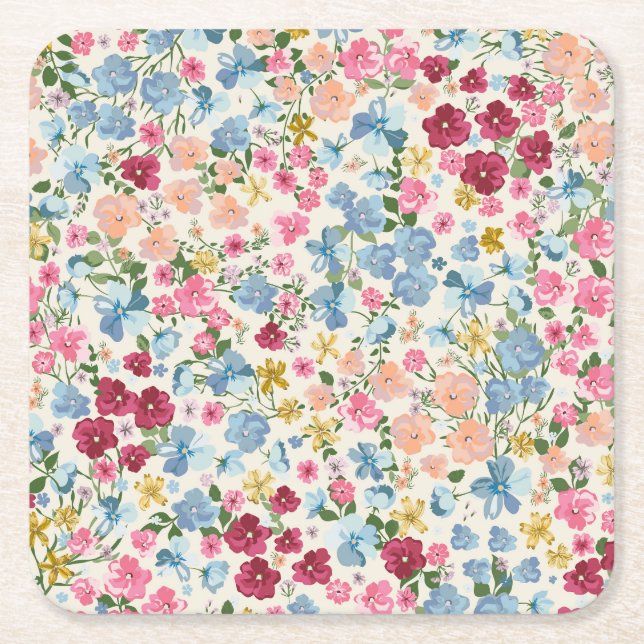 Midsummer meadow, blooming plant pattern. square paper coaster (Front)