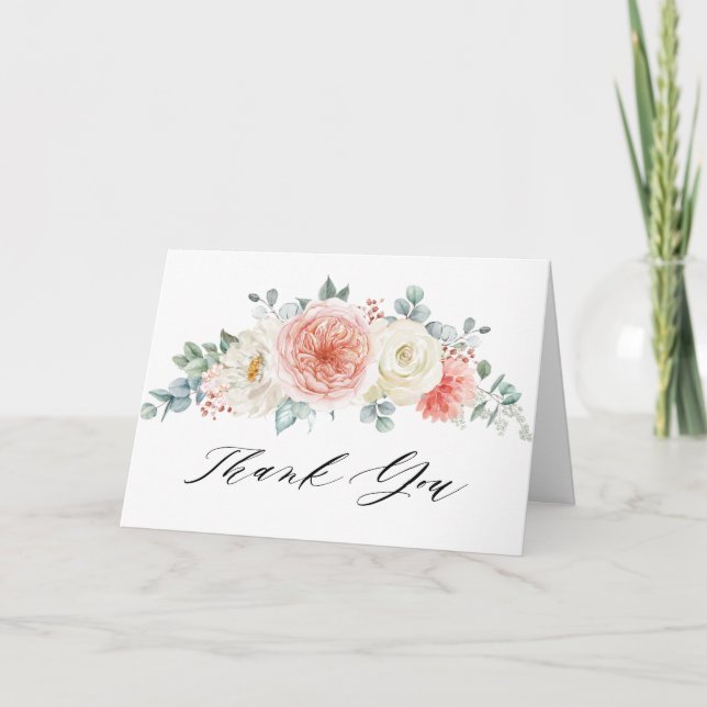 Midsummer Peach Pastel Pink Floral Bridal Shower Thank You Card (Front)