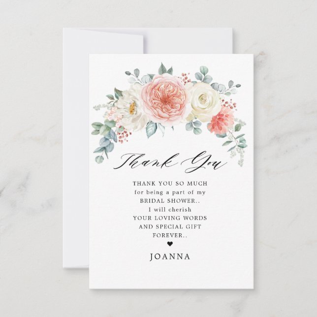 Midsummer Peach Pastel Pink Floral Bridal Shower Thank You Card (Front)