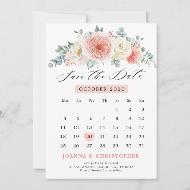Midsummer Peach Pastel Pink Floral Calendar Save The Date (Front)