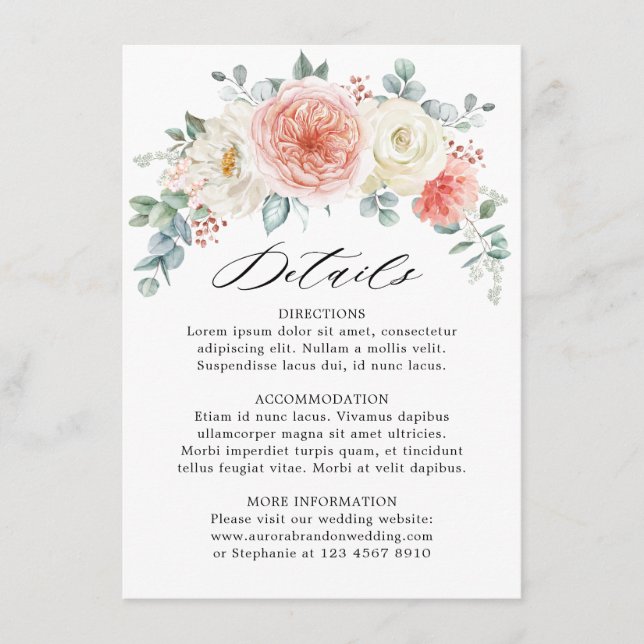 Midsummer Peach Pastel Pink Floral Wedding Details Enclosure Card (Front)