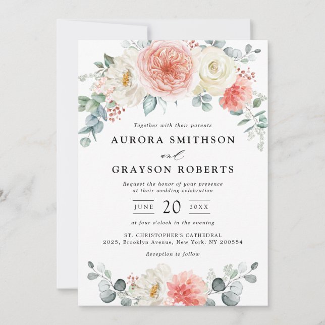 Midsummer Peach Pastel Pink Floral Wedding Invitation (Front)