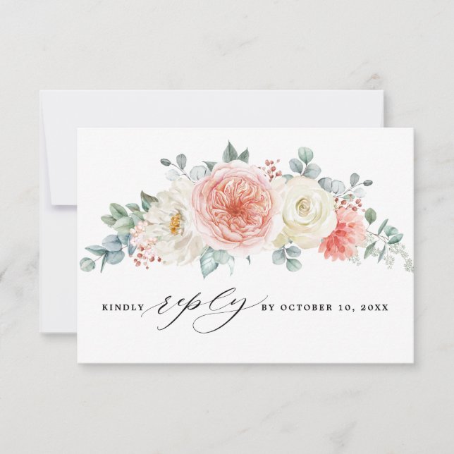 Midsummer Peach Pastel Pink Floral Wedding RSVP Card (Front)