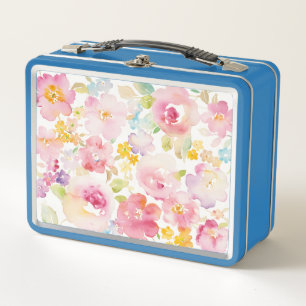 Midsummer   Watercolor Pink Floral Metal Lunch Box