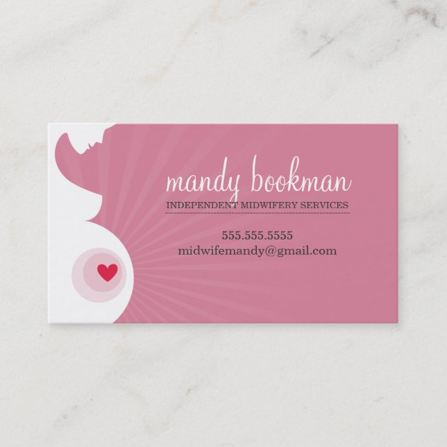 MIDWIFE DOULA CARD pregnant belly heart rose pink (Front)