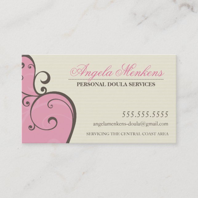 MIDWIFE DOULA creative swirls pink cream brown Business Card (Front)
