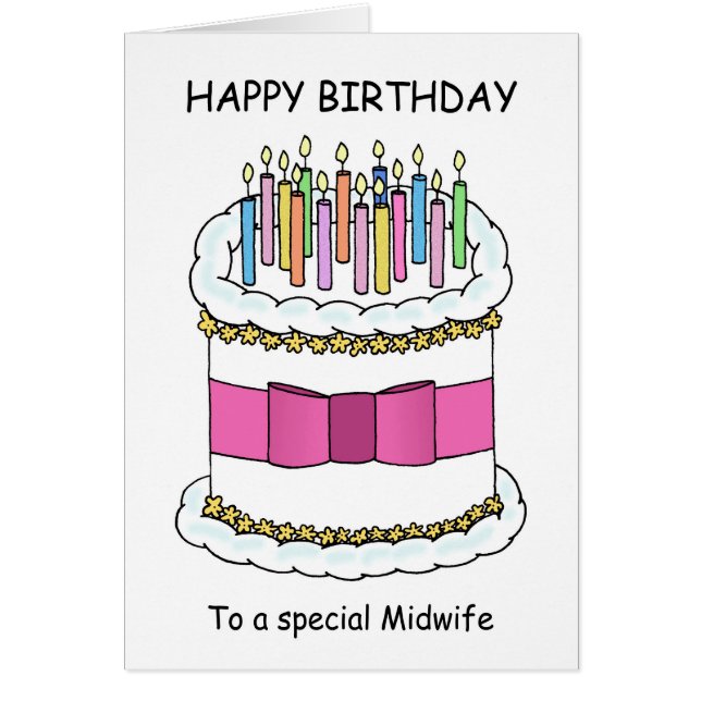 Midwife Happy Birthday Cartoon Cake and Candles (Front)