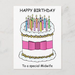 Midwife Happy Birthday Cartoon Cake and Candles Postcard