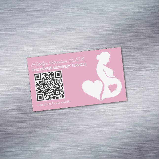 Midwife or Doula Pink Pregnancy OBGYN QR Code Magnetic Business Card (In Situ)