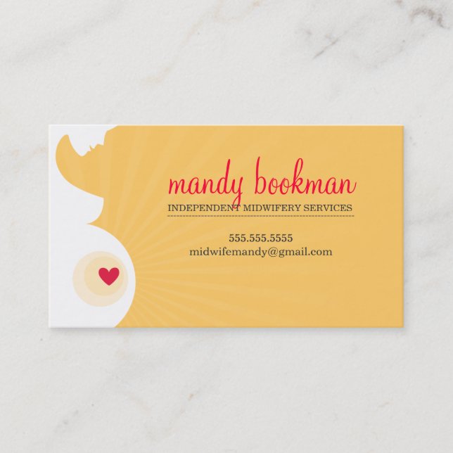 MIDWIFE pregnant belly silhouette heart yellow red Business Card (Front)