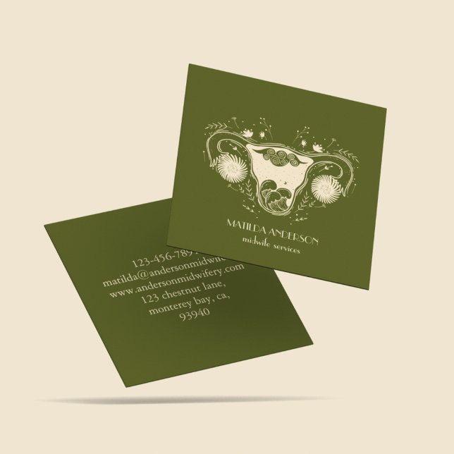 Midwife Services l Beige & Green doula Vagina Square Business Card (Creator Uploaded)