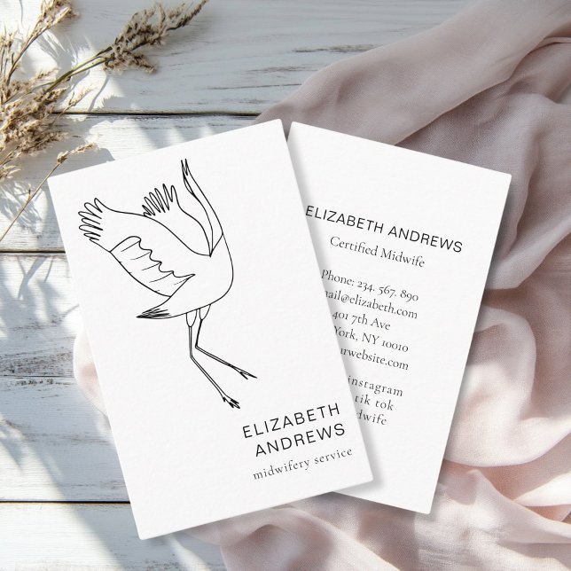 Midwife, Storch, White Business Card (Modern, white business card. Line Art Illustration, Storch. For childcare, midwives and more.)