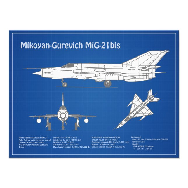 MiG-21 bis - Aeroplane Blueprint Plans ABD Photo Print (Front)