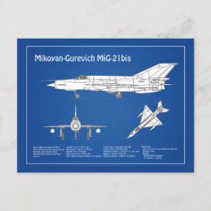 MiG-21 bis - Aeroplane Blueprint Plans ABD Postcard