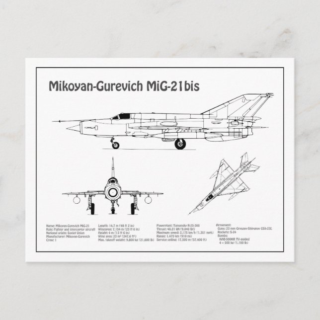MiG-21 bis - Aeroplane Blueprint Plans BD Postcard (Front)