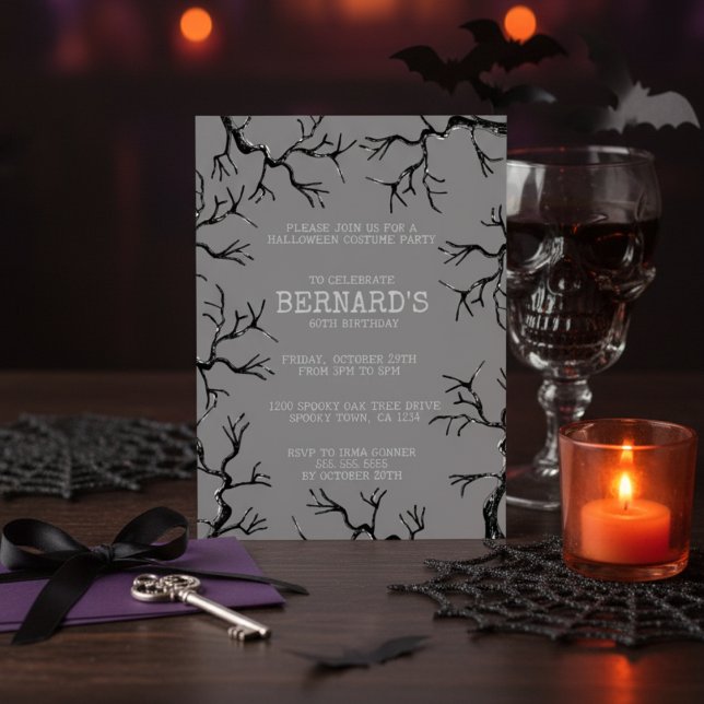 Mighty as the Oak Spooky Adult Birthday Invitation (Spooky Vintage Oak Trees Halloween Birthday Invitation. Scary Oaks Illustration in Black Ink for Him)