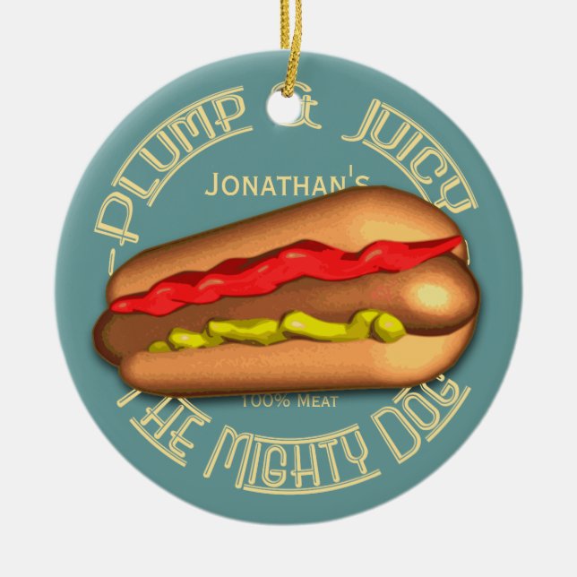 Mighty Dog Hotdog Personalised Ceramic Tree Decoration (Front)