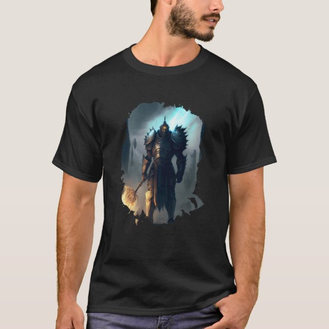 Mighty knight in armor with fire sword T-Shirt (Front)